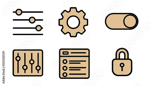 Outline with Fill vector icons of settings and preferences: sliders, settings gear, toggle switch, preferences list, control panel, options tab, lock icon, adjust tool.