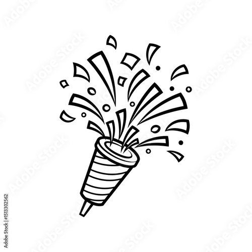 black and white line art illustration of party popper exploding with confetti celebration elements