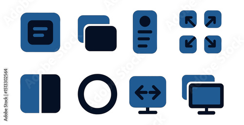 Two-Color vector icons of multitasking control: app switcher, window manager, task queue, focus switch. Work session split, attention ring, switch block, screen group.