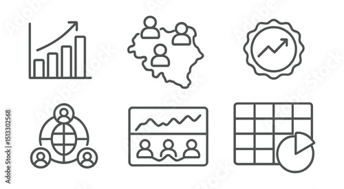 Line style icons of social media: data visualization icon, followers by region chart, growth over time badge, interaction map layout, behavior trends dashboard, data heatmap panel, reach breakdown