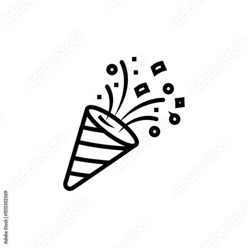 Minimalistic black and white party popper icon with confetti celebration elements