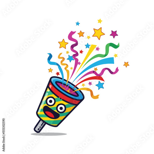 Colorful cartoon party popper bursting vibrant stars and ribbons in celebration