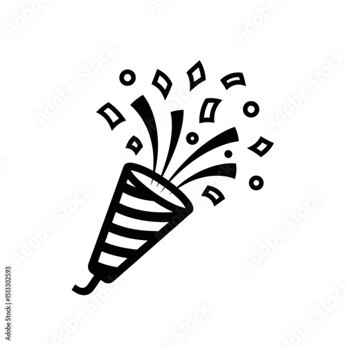 Black and white simple illustration of a confetti popper bursting with festive celebration elements in a minimalist style