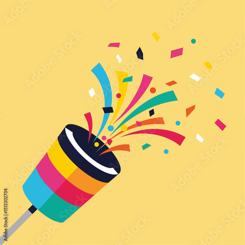 Colorful party popper exploding with vibrant confetti on a yellow background
