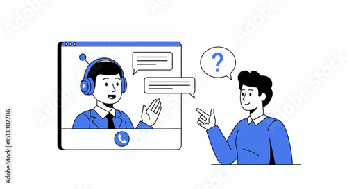 Illustration of online customer support interaction between agent and user with question and chat bubbles