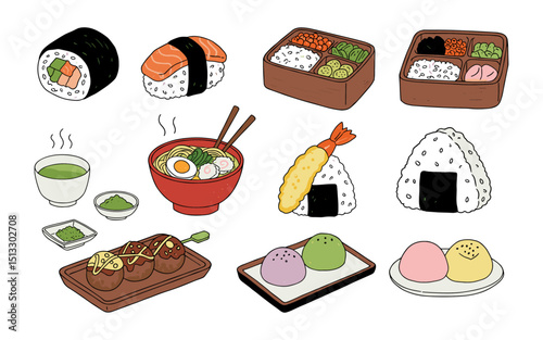 Delightful array of twelve distinct Japanese food items in charming hand-drawn vector style, perfect for menu designs, food illustrations, Asian cuisine, and restaurant art