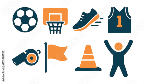 Two-Color vector icons of sports: soccer ball, basketball hoop, running shoes, sports jersey. Whistle icon, team flag, practice cone, victory pose.