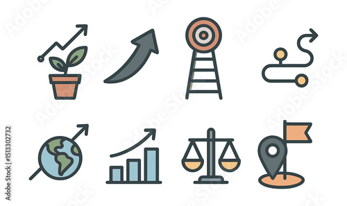 Outline with Fill style icons of business growth: plant graph, upward arrow, goal ladder, progress path, new market, bar increase, scale icon, expansion flag.