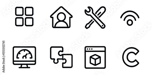 Outline with Fill icon set for digital platforms: platform grid, user hub, tools icon, access point, dashboard view, integration block, workspace app, platform logo.