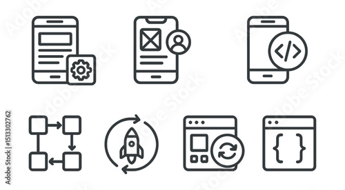 Line style icons of social media: app development screen, mobile social builder, code + preview badge, UX testing flow, feature release cycle, component library icon, API sync layout.