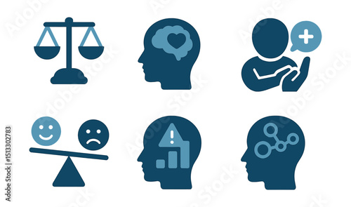 Two-Color vector icons of mental health: mental balance, brain with heart, self-care icon, emotional scale. Mood icon, stress level, therapy support, mind map.