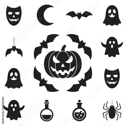 Halloween icons jack o lantern bats ghosts