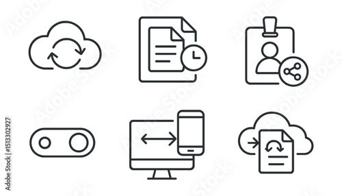 Line style icons of remote work: cloud sync icon, real-time document saving, shared access badge, offline/online toggle, cross-device integration symbol, backup and restore screen, collaboration file