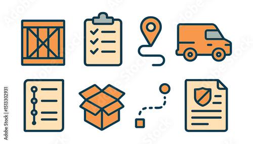 Outline with Fill style icons of logistics processes: cargo crate, checklist, route pin, logistics van, timeline doc, warehouse box, delivery path, customs doc.