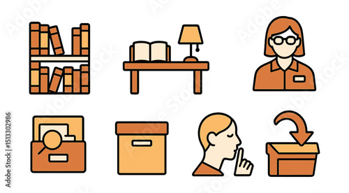 Outline with Fill style icons of library elements: book shelves, reading table, library card, librarian icon, search catalog, archive box, quiet zone, return bin.
