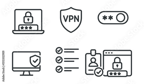 Line style icons of remote work: secure login icon, VPN badge screen, 2FA toggle panel, device trust symbol, login audit trail, identity confirmation tag, safe access layout.
