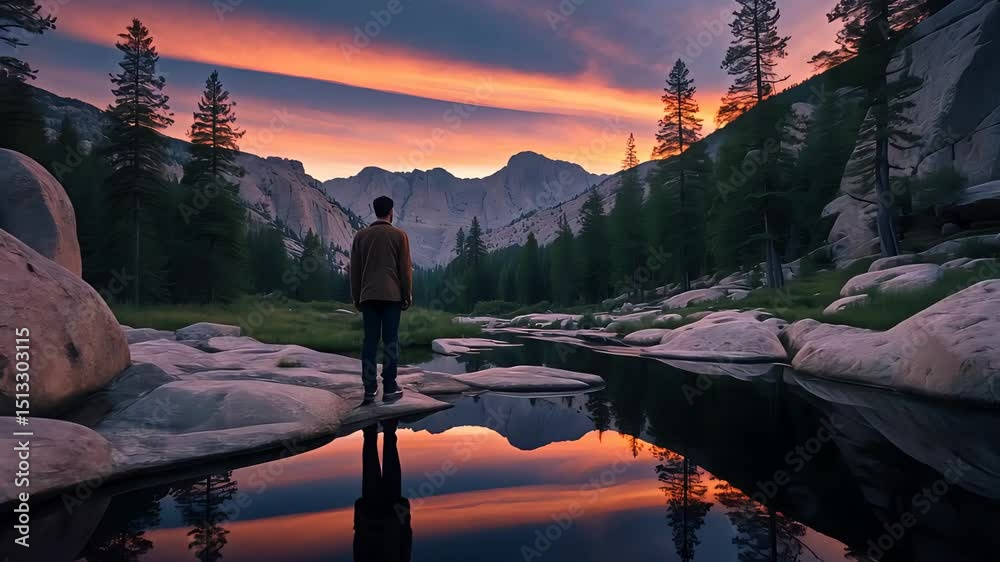 Man standing on rocks by a reflective river with pine trees and mountains under a vibrant orange sunset sky in a serene wilderness