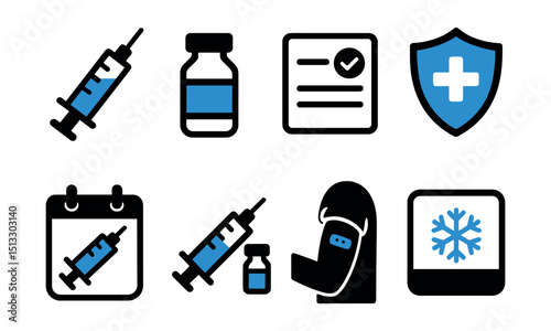 Two-Color vector icons of vaccination: syringe icon, vaccine vial, vaccination card, immunity shield. Injection calendar, booster shot, arm with bandage, cold storage icon.