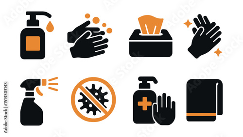 Two-Color vector icons of hygiene: soap pump, hand wash icon, tissue box, clean hands. Sanitize spray, no germs icon, disinfectant icon, personal towel.