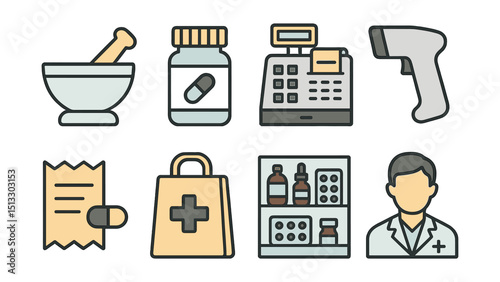 Outline with Fill vector icons of pharmacy elements: mortar and pestle, pill bottle, cash register, barcode scanner, receipt, pharmacy bag, shelves, pharmacist.