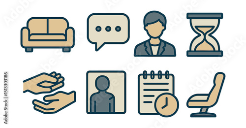 Outline with Fill vector icons of therapy process: couch icon, speech bubble, therapist profile, hourglass, empathy hands, reflection icon, appointment log, therapy chair.