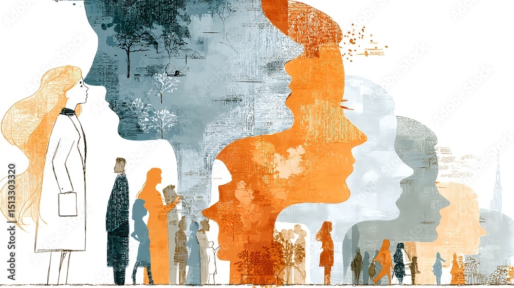 Fototapeta premium Conceptual healthcare illustration with silhouettes and clouds