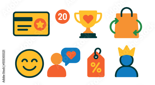Flat vector icons of brand loyalty: reward card, points icon, loyalty trophy, repeated purchase, happy face, referral icon, loyalty discount, user crown.