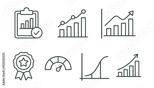 Line style icons of remote work: productivity report icon, weekly output chart, hours vs outcome graph, top performer badge, efficiency rating scale, task completion curve, results timeline layout.