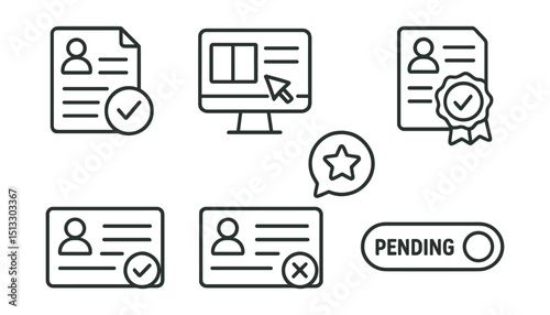 Line style icons of remote work: content approval icon, publish workflow screen, review request badge, manager approval stamp, status: approved card, rejected feedback layout, pending tag toggle.
