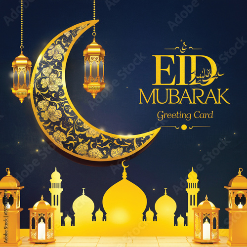 Elegant Eid Mubarak greeting card featuring a golden crescent moon adorned