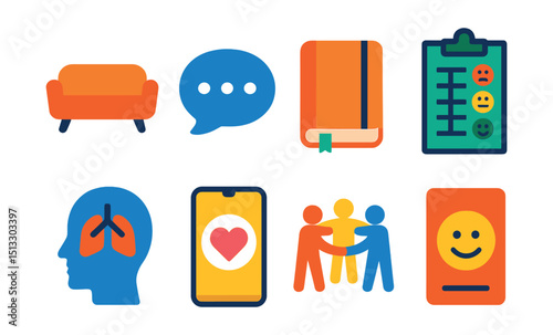 Flat vector icons of therapy tools: couch icon, speech bubble, journal book, mood tracker, breathing icon, mental health app, support circle, emotion card.