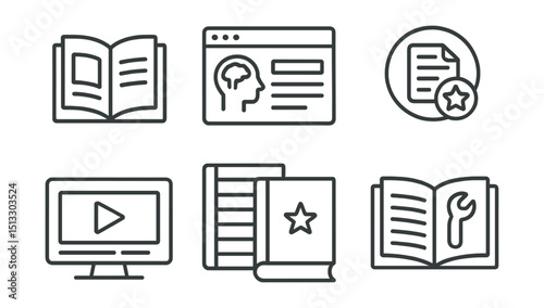 Line style icons of project management: reading resource icon, knowledge base panel, doc center badge, project playbook screen, best practice library, wiki style layout, guidebook for tools.