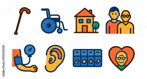 Flat vector icons of elderly care: walking cane, wheelchair, retirement home, caregiver icon, blood pressure check, hearing aid, daily pill box, senior heart care.