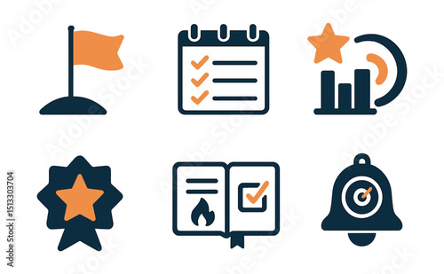 Two-Color vector icons of goal setting: goal flag, monthly milestones, achievement level, progress rings. Success badge, goal journal, commitment streak, goal reminder.