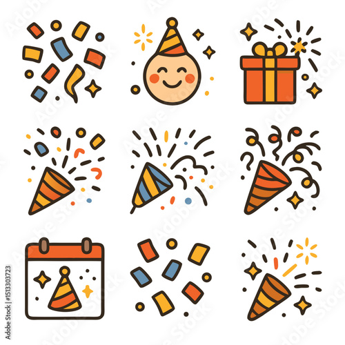 Confetti poppers add a festive touch to nine party favor icons, perfect for invitations, birthday cards, celebrations, and event decorations.