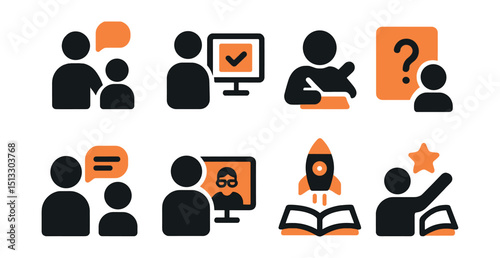 Two-Color vector icons of tutoring: tutor and student, shared screen, homework help, question card. Feedback session, video call tutor, knowledge boost, study success.