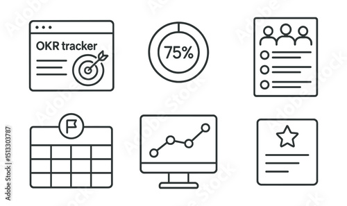 Line style icons of project management: OKR tracker icon, key results progress badge, team objectives layout, quarterly goal board, alignment chart screen, OKR summary panel, performance milestone