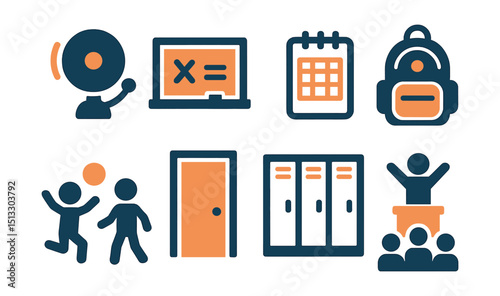Two-Color vector icons of school: school bell, blackboard icon, class schedule, backpack. Recess icon, classroom door, hallway locker, morning assembly.
