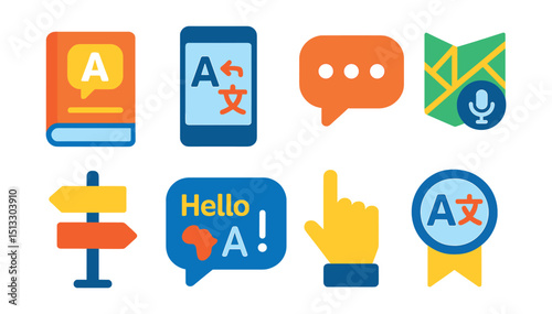 Flat vector icons of language and communication: phrasebook, translation app, speech bubble, map with voice icon, local signs, multilingual greeting, pointing gesture, translator badge.