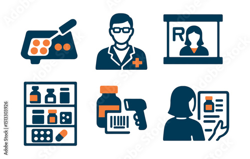 Two-Color vector icons of pharmacy: pill counter, pharmacist icon, prescription pad, pickup window. Pharmacy shelves, medicine label, barcode scan, customer order.