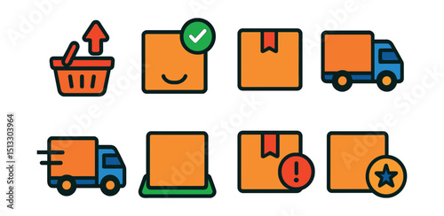 Flat vector icons of order process: order placed, order confirmed, order packed, order shipped, order in transit, order delivered, order delayed, order completed.