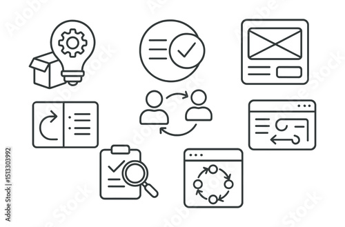 Line style icons of business innovation: product development icon, feature list badge, prototype builder screen, release iteration panel, user feedback loop, testing round icon, lifecycle tracker