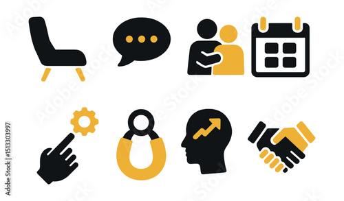 Two-Color vector icons of therapy: therapist chair, speaking bubble, support icon, weekly session. Guided practice, coping tool, mental progress, trust icon.