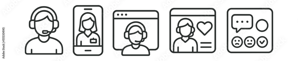 Line style icons of business innovation: user support icon, assistant badge screen, help desk layout, customer care panel, inquiry form card, chatbot support symbol, support feedback board. Line style icons of business innovation: user support icon, assistant badge screen, help desk layout, customer care panel, inquiry form card, chatbot support symbol, support feedback board.