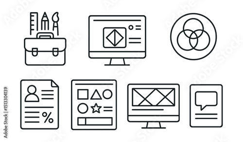 Line style icons of business innovation: branding toolkit icon, logo asset screen, color palette badge, tone & voice layout, identity components board, visual system preview, tagline design card.