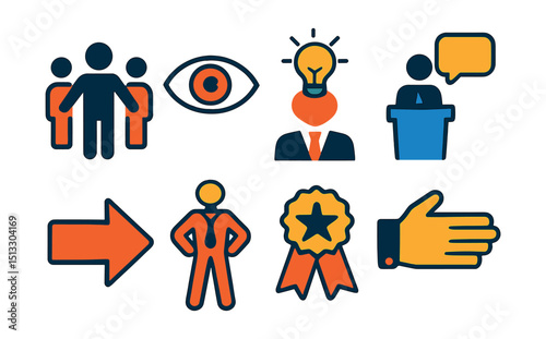 Flat vector icons of leadership: leader figure, vision icon, lightbulb above head, motivational speech, direction arrow, confident stance, leadership badge, guiding hand.