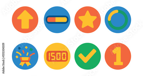 Flat vector icons of level and score (in circles): level up arrow, XP bar, high score star, progress ring, stage clear, score counter, mission complete, level badge.