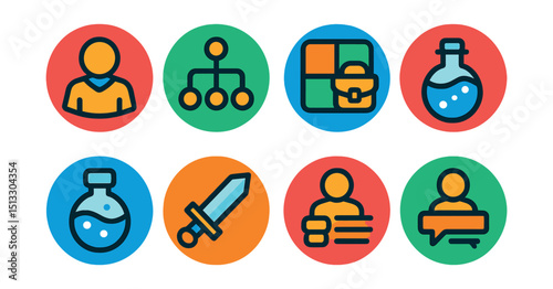 Flat vector icons of RPG elements (in circles): character class, skill tree, inventory icon, potion vial, magic scroll, weapon equip, character stats, dialogue choice.