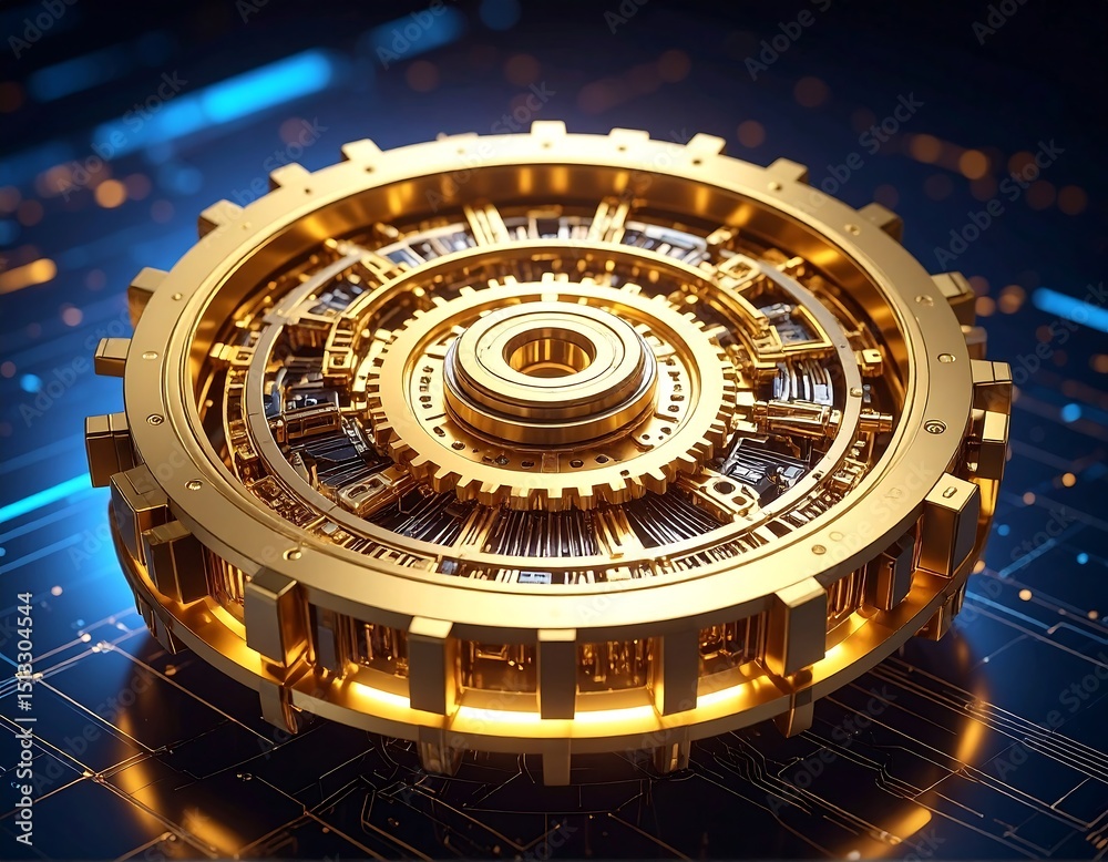 Fototapeta premium Gold mechanical gear system on dark background