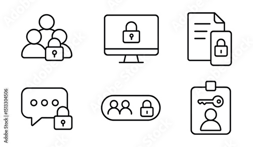 Line style icons of cybersecurity and privacy: secure collaboration icon, encrypted workspace badge, file share with lock screen, secure chat room layout, trusted team toggle, collaboration key card.